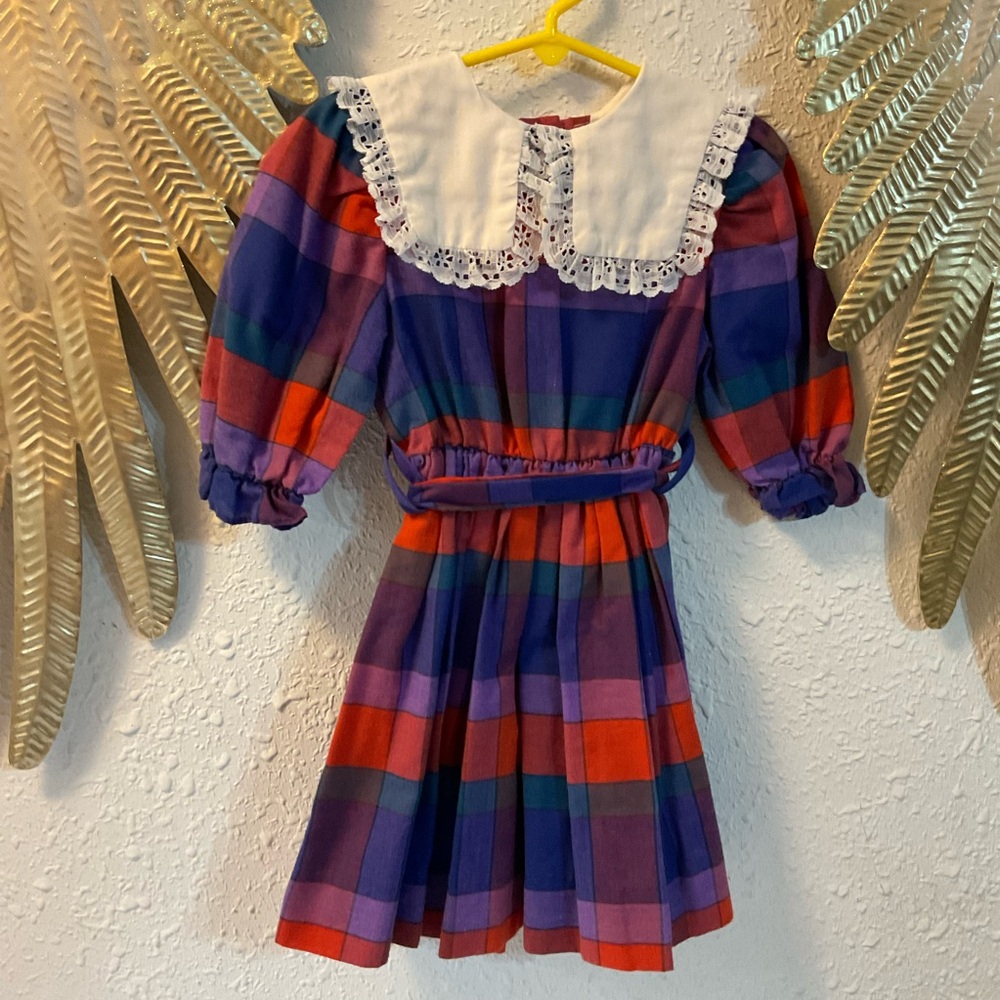 Vintage Baby dress collar eyelet lace plaid size 4